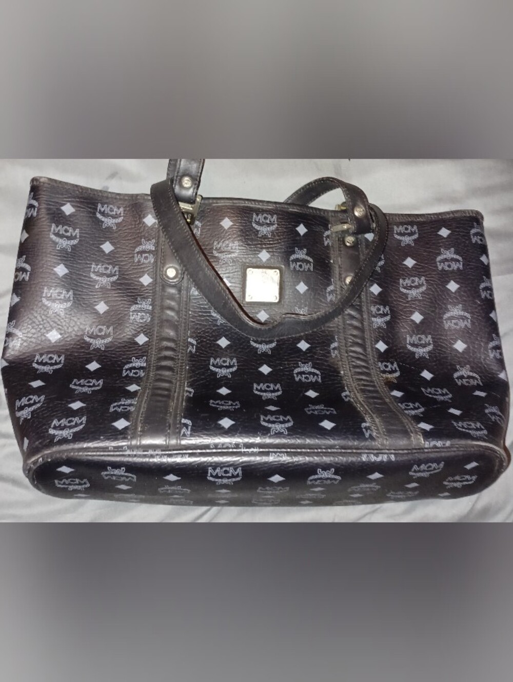 MCM Vintage Visetose Black Leather Monogram Tote.